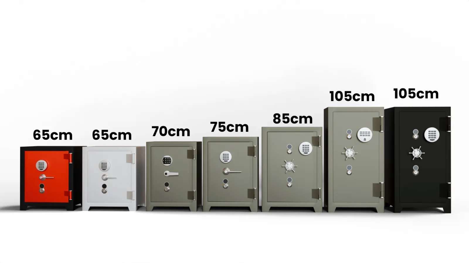 A rendered range of seven safes from 65cm to 105cm, produced for a manufacturer's direct-to-consumer launch