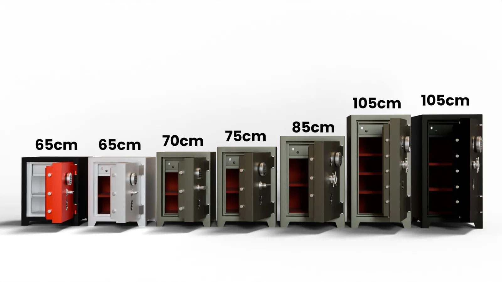 The same safe range rendered with doors open to show interior shelving
